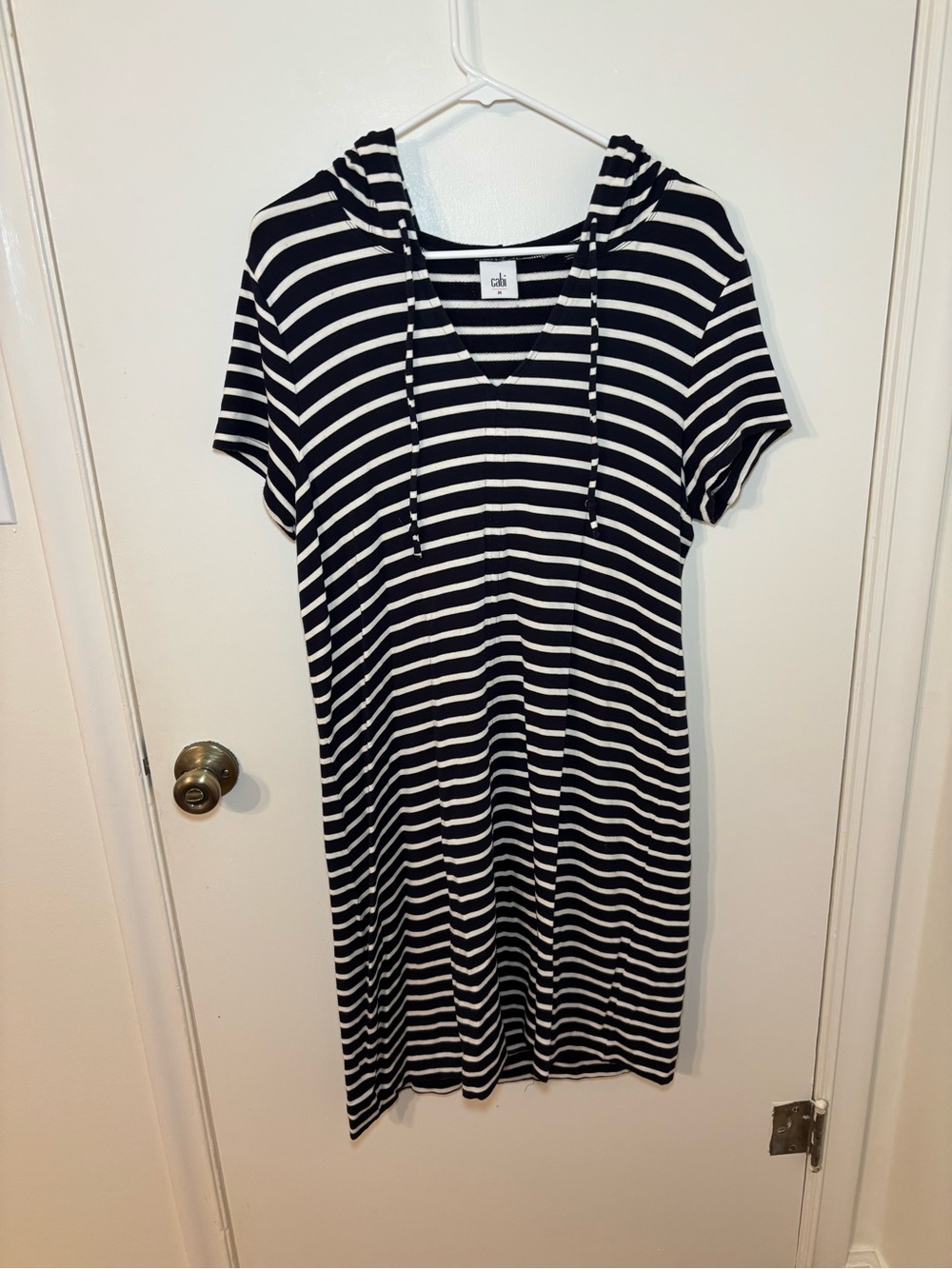 Cabi Sweater Dress Womens Medium Blue White Striped Short Sleeve Stretch Hooded